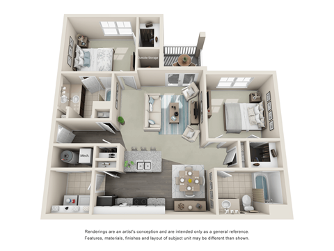 Floor plan for 2 beds, 2 baths, 1090 sqft